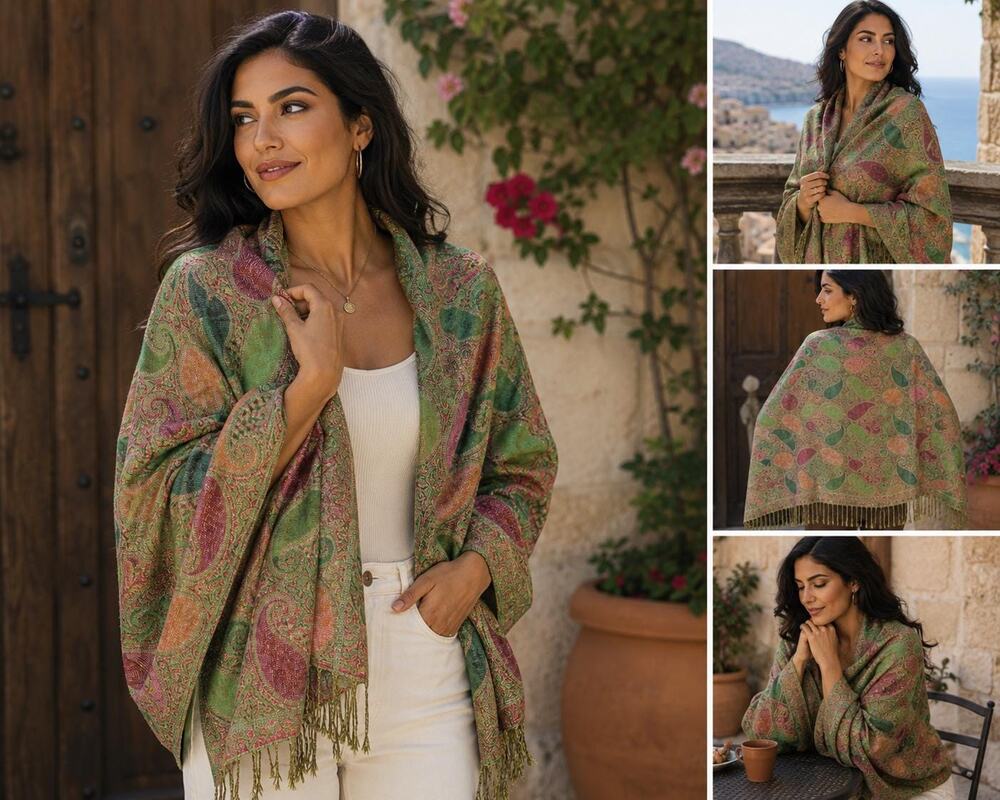 Vintage Paisley Pashmina Shawl Wrap | Green Silk Blend Fringe Scarf | Oversized